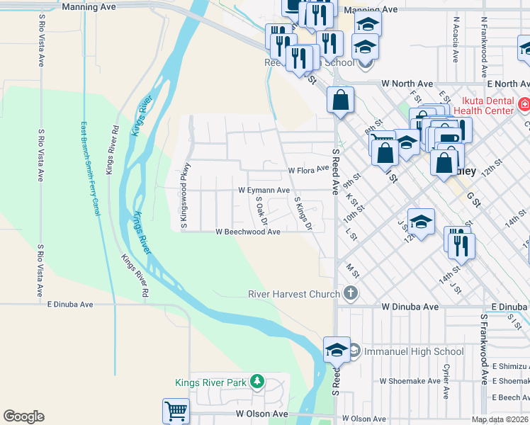 map of restaurants, bars, coffee shops, grocery stores, and more near 1243 West Oak Drive Circle in Reedley