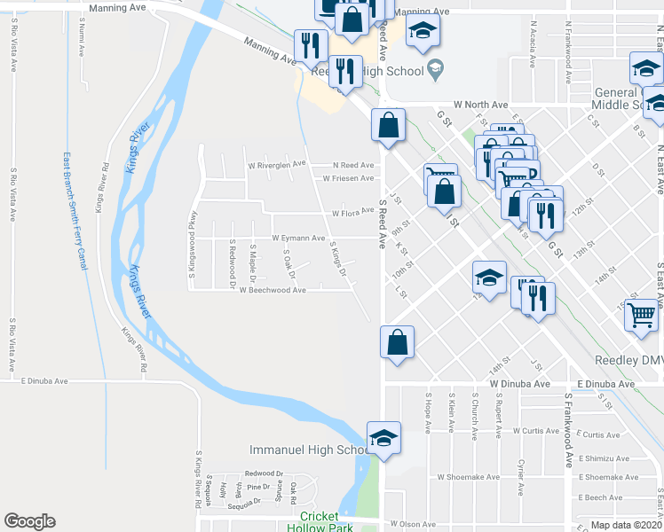 map of restaurants, bars, coffee shops, grocery stores, and more near 369 South Kings Drive in Reedley