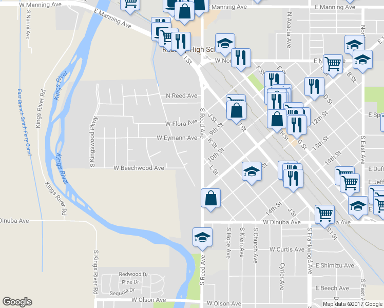 map of restaurants, bars, coffee shops, grocery stores, and more near 986 Kings Drive Circle in Reedley