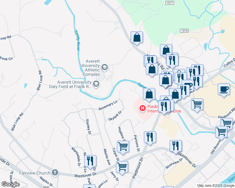 map of restaurants, bars, coffee shops, grocery stores, and more near 1215 Rosemary Lane in Danville