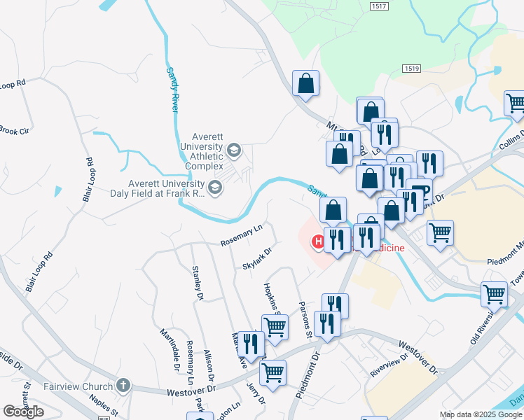 map of restaurants, bars, coffee shops, grocery stores, and more near 1215 Rosemary Lane in Danville