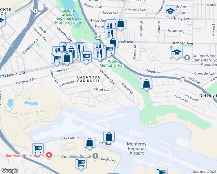 map of restaurants, bars, coffee shops, grocery stores, and more near 326 Euclid Avenue in Monterey