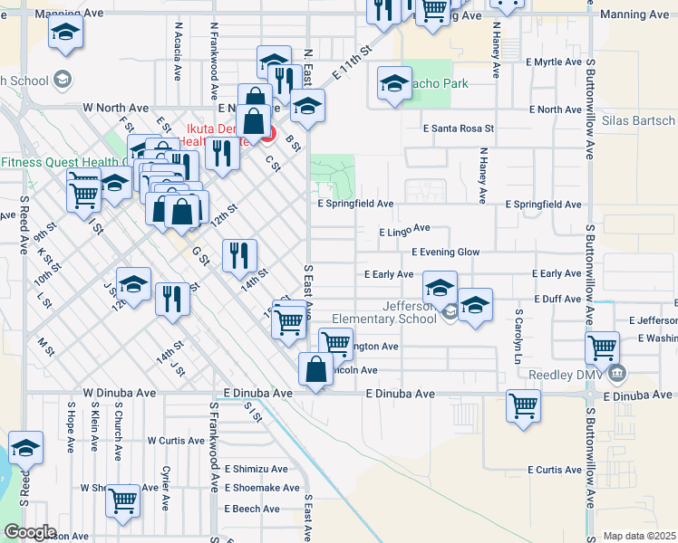 map of restaurants, bars, coffee shops, grocery stores, and more near 552 East Duff Avenue in Reedley