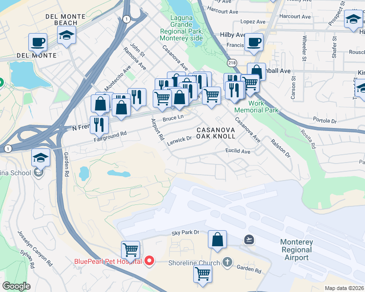 map of restaurants, bars, coffee shops, grocery stores, and more near 217 Edinburgh Avenue in Monterey