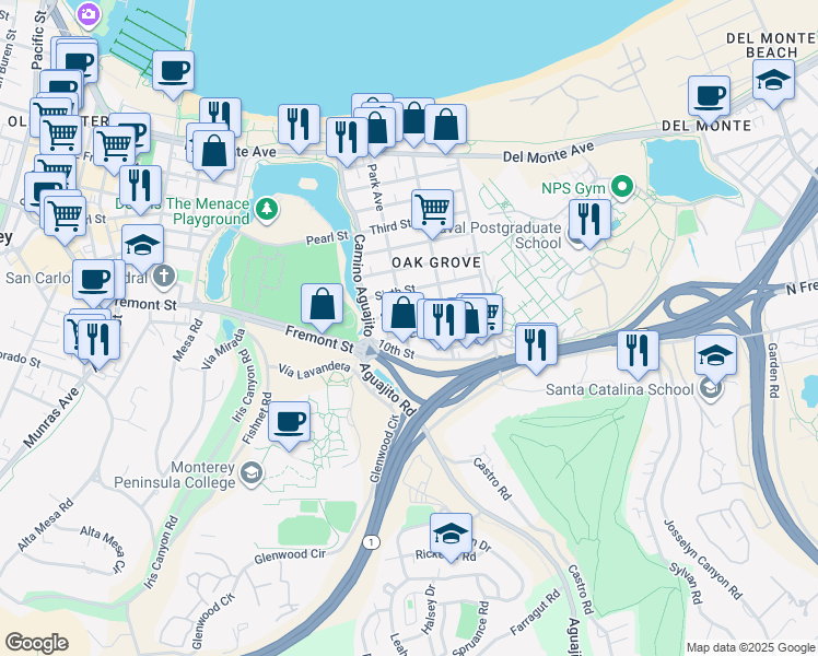 map of restaurants, bars, coffee shops, grocery stores, and more near 820 Park Avenue in Monterey