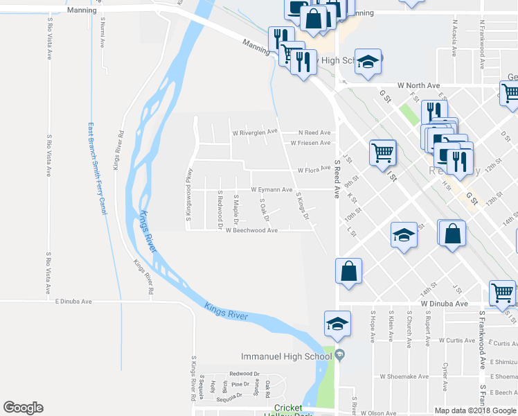 map of restaurants, bars, coffee shops, grocery stores, and more near 379 South Oak Drive in Reedley