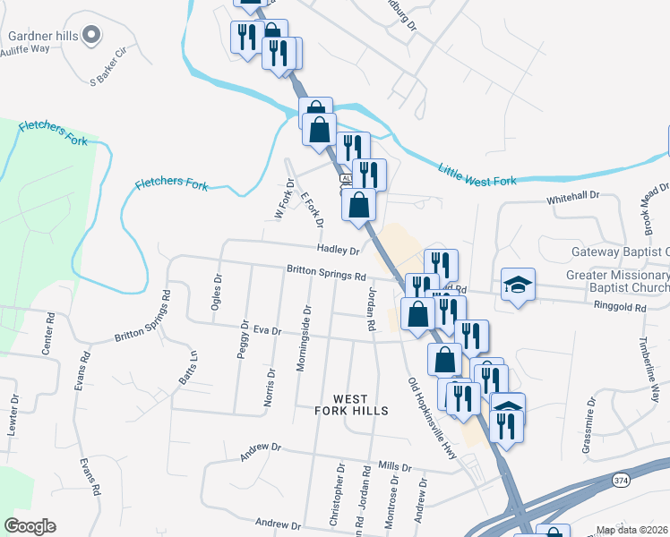 map of restaurants, bars, coffee shops, grocery stores, and more near 101 Ambrose Drive in Clarksville