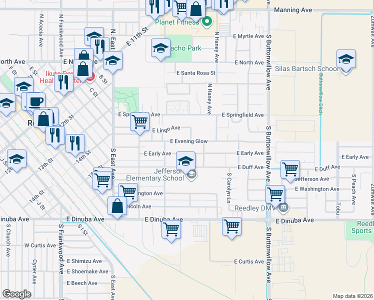 map of restaurants, bars, coffee shops, grocery stores, and more near 1109 East Early Avenue in Reedley