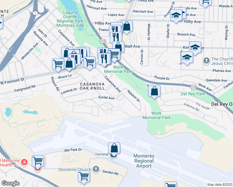 map of restaurants, bars, coffee shops, grocery stores, and more near 820 Casanova Avenue in Monterey