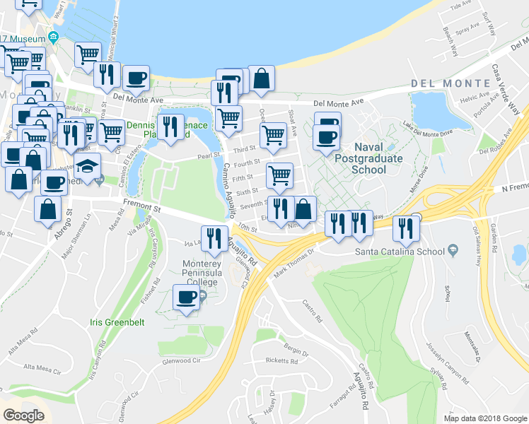 map of restaurants, bars, coffee shops, grocery stores, and more near 820 Park Avenue in Monterey
