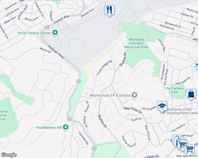 map of restaurants, bars, coffee shops, grocery stores, and more near 1 Stratford Place in Monterey