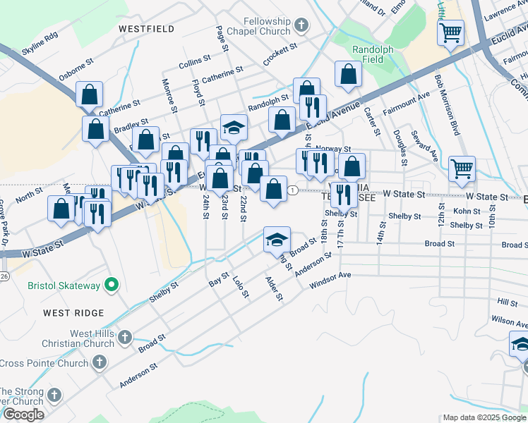 map of restaurants, bars, coffee shops, grocery stores, and more near 1996 West State Street in Bristol