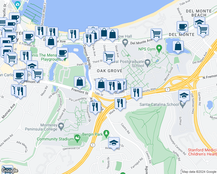 map of restaurants, bars, coffee shops, grocery stores, and more near 1179 Eighth Street in Monterey