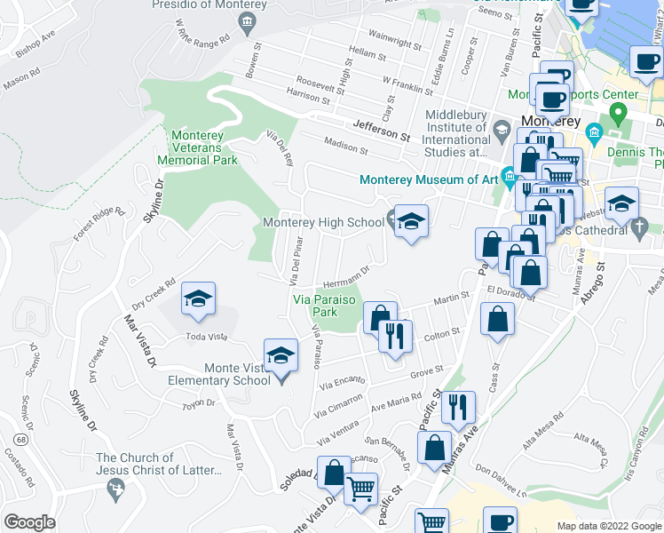 map of restaurants, bars, coffee shops, grocery stores, and more near 77 Vía Chualar in Monterey