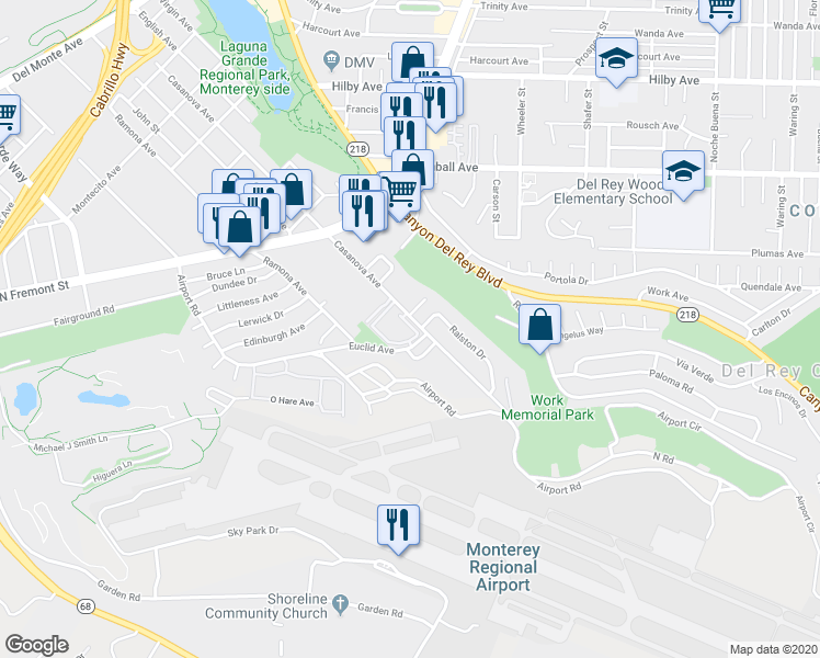 map of restaurants, bars, coffee shops, grocery stores, and more near 354 Euclid Avenue in Monterey