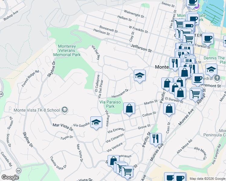 map of restaurants, bars, coffee shops, grocery stores, and more near 77 Vía Chualar in Monterey