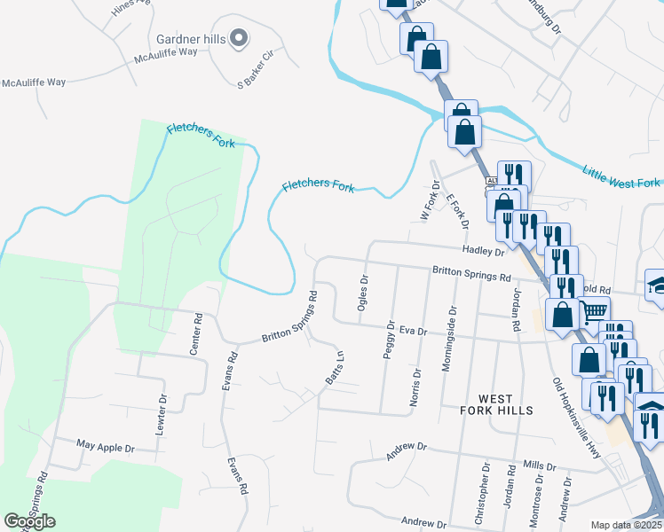 map of restaurants, bars, coffee shops, grocery stores, and more near 709 Eva Drive in Clarksville