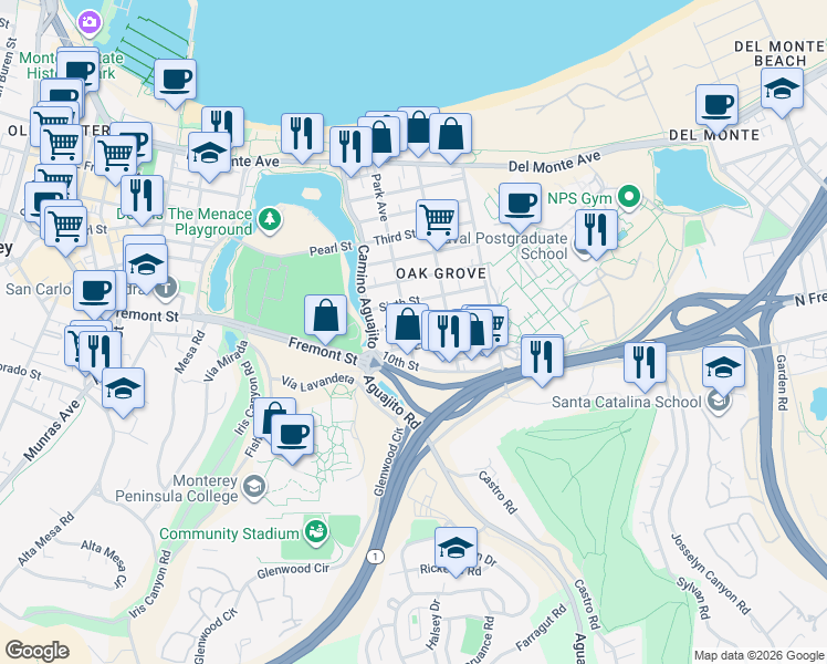 map of restaurants, bars, coffee shops, grocery stores, and more near 729 Park Avenue in Monterey
