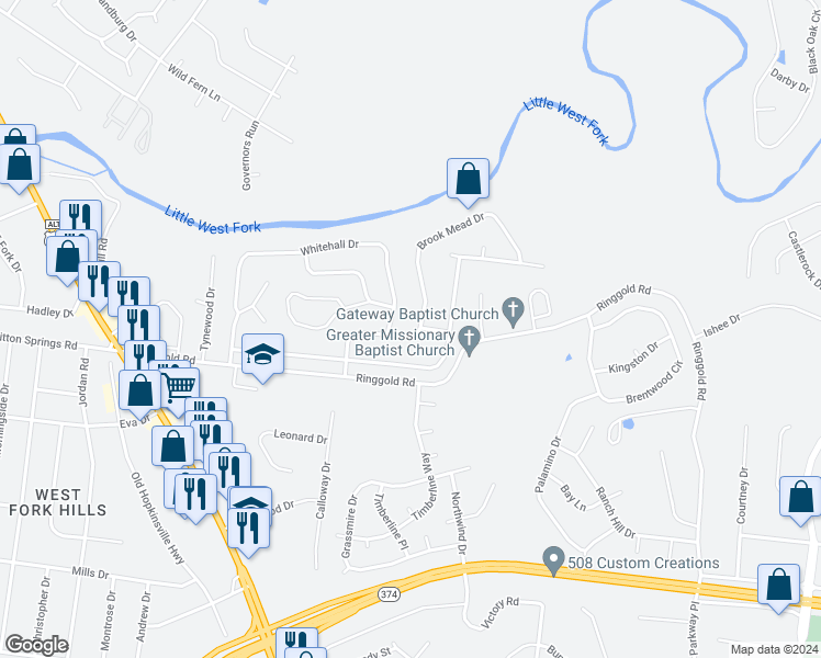 map of restaurants, bars, coffee shops, grocery stores, and more near 327 Brook Mead Drive in Clarksville