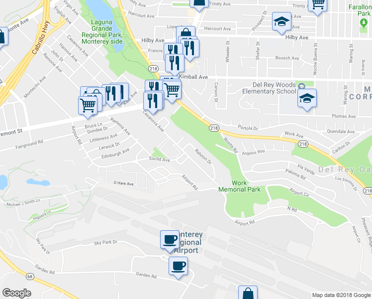 map of restaurants, bars, coffee shops, grocery stores, and more near 2 Ralston Drive in Monterey