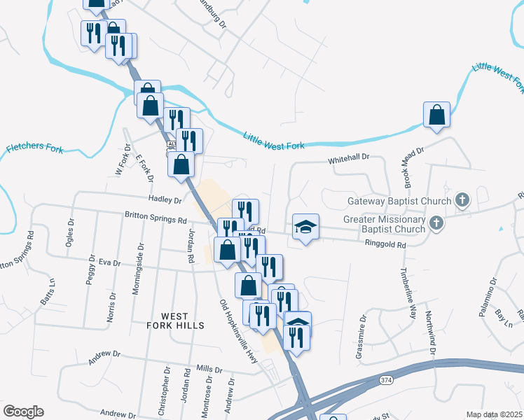map of restaurants, bars, coffee shops, grocery stores, and more near 193 Ringgold Road in Clarksville