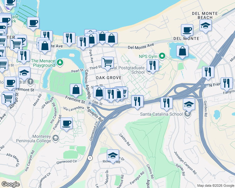 map of restaurants, bars, coffee shops, grocery stores, and more near 1271 Ninth Street in Monterey
