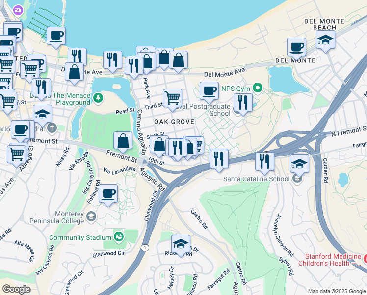 map of restaurants, bars, coffee shops, grocery stores, and more near in Monterey