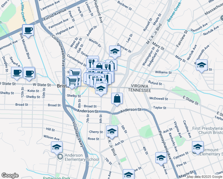 map of restaurants, bars, coffee shops, grocery stores, and more near 100 5th Street in Bristol