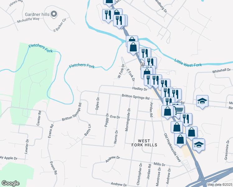 map of restaurants, bars, coffee shops, grocery stores, and more near 104 Peggy Drive in Clarksville