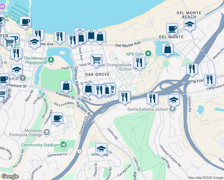 map of restaurants, bars, coffee shops, grocery stores, and more near Sloat Ave & Eighth St in Monterey
