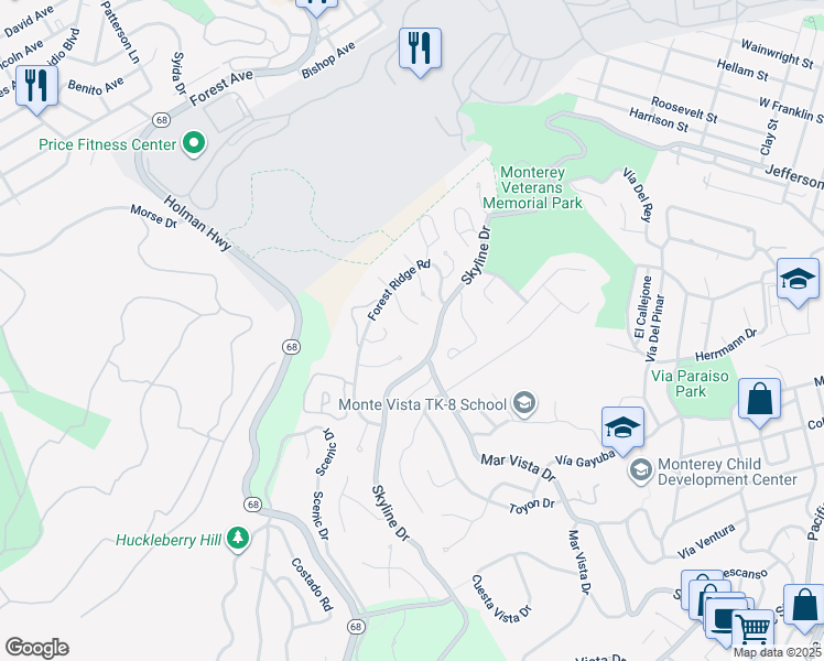 map of restaurants, bars, coffee shops, grocery stores, and more near 9 Victoria Vale in Monterey