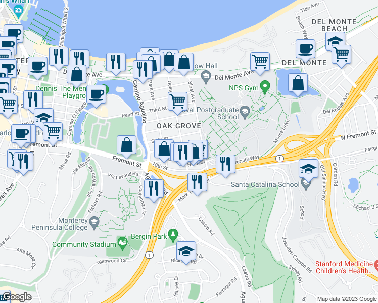 map of restaurants, bars, coffee shops, grocery stores, and more near 1221 8th Street in Monterey
