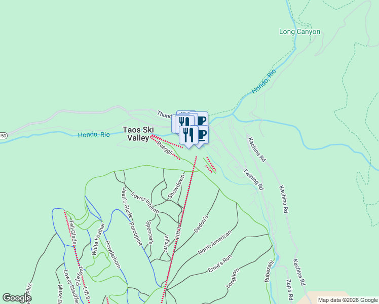 map of restaurants, bars, coffee shops, grocery stores, and more near 116 Sutton Place in Taos Ski Valley