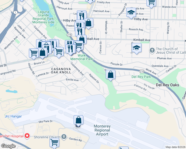 map of restaurants, bars, coffee shops, grocery stores, and more near 13 Ralston Drive in Monterey