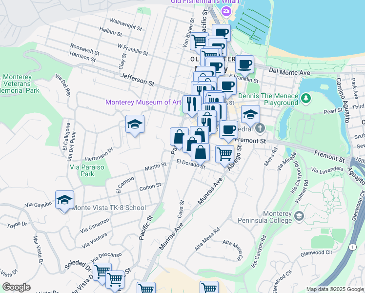 map of restaurants, bars, coffee shops, grocery stores, and more near 735 Pacific Street in Monterey