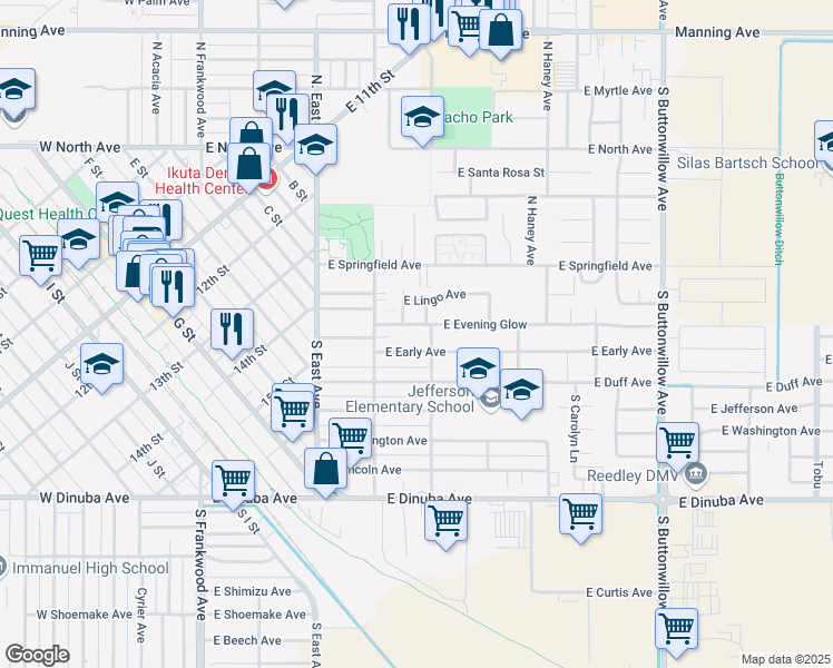 map of restaurants, bars, coffee shops, grocery stores, and more near 840 East Evening Glow Avenue in Reedley