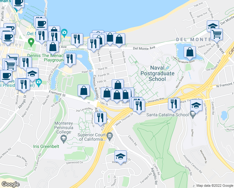 map of restaurants, bars, coffee shops, grocery stores, and more near 602 Ocean Avenue in Monterey