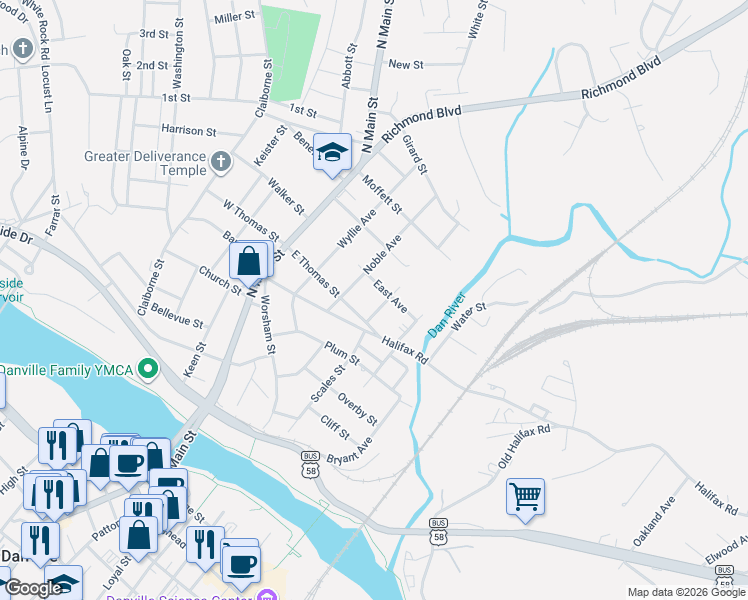 map of restaurants, bars, coffee shops, grocery stores, and more near 466-498 East Avenue in Danville
