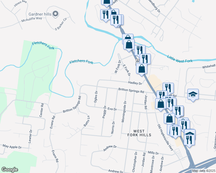 map of restaurants, bars, coffee shops, grocery stores, and more near 163 Hadley Drive in Clarksville