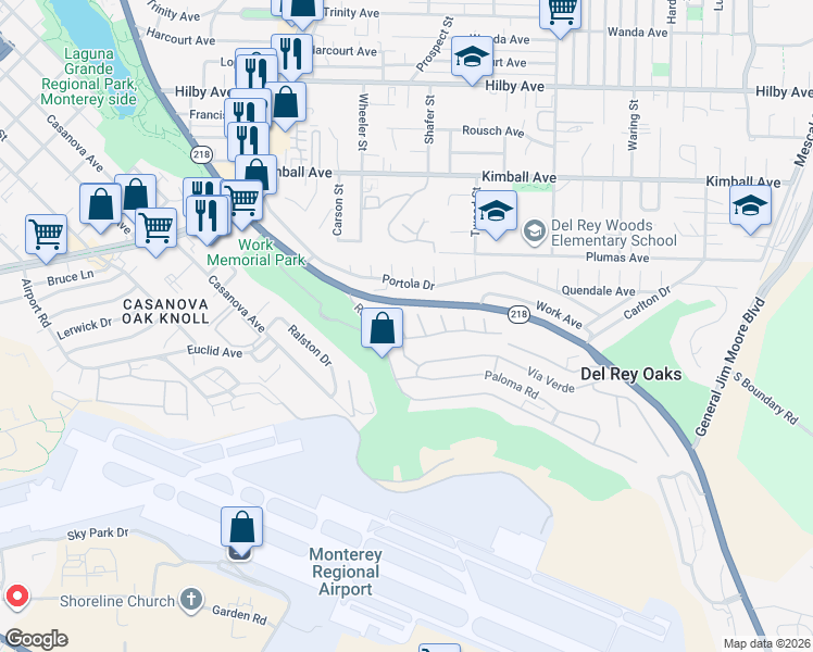 map of restaurants, bars, coffee shops, grocery stores, and more near 800 Avalon Place in Del Rey Oaks