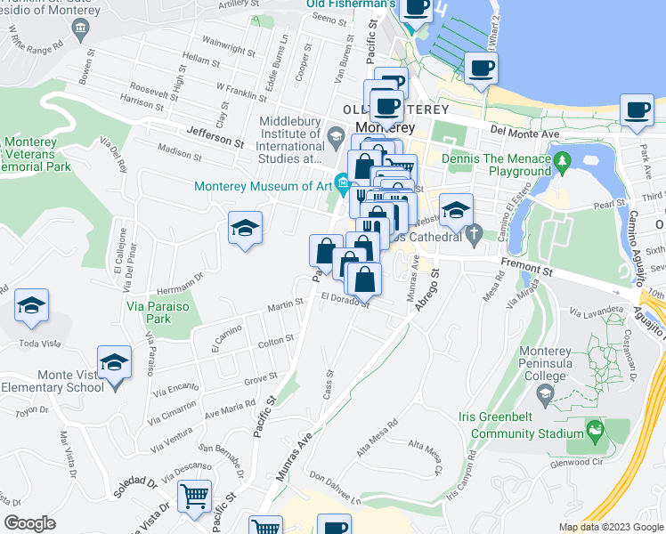 map of restaurants, bars, coffee shops, grocery stores, and more near 735 Pacific Street in Monterey