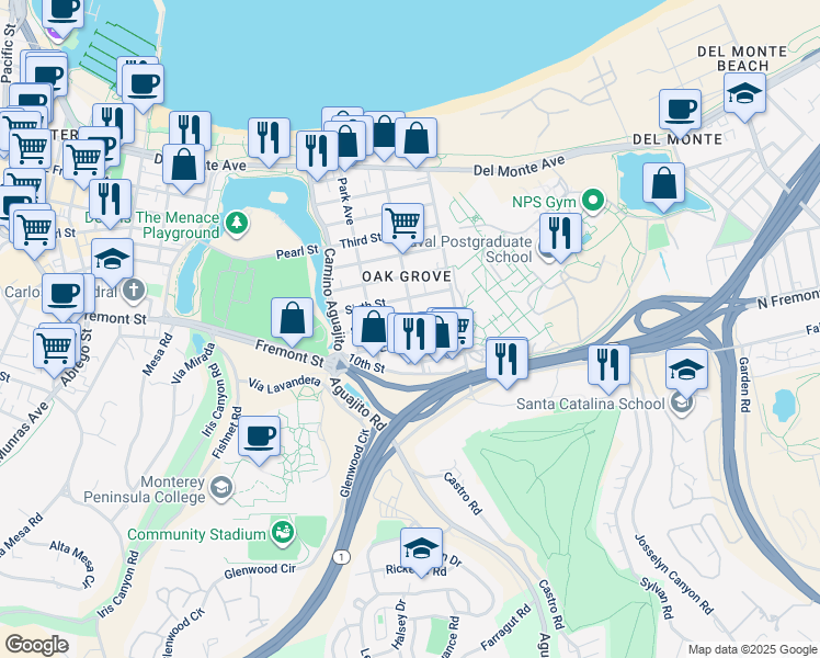 map of restaurants, bars, coffee shops, grocery stores, and more near 728 Ocean Avenue in Monterey