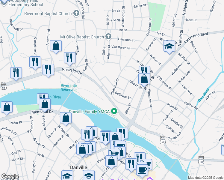 map of restaurants, bars, coffee shops, grocery stores, and more near 415 Claiborne Street in Danville