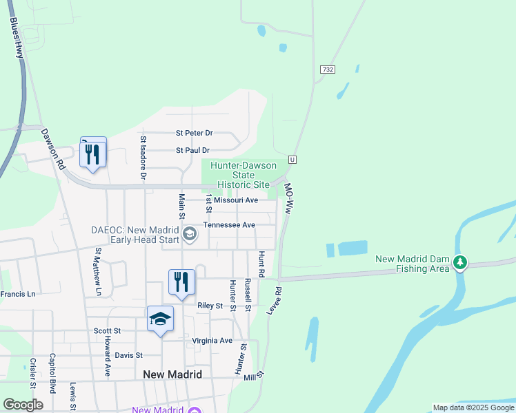 map of restaurants, bars, coffee shops, grocery stores, and more near 217 Missouri Avenue in New Madrid