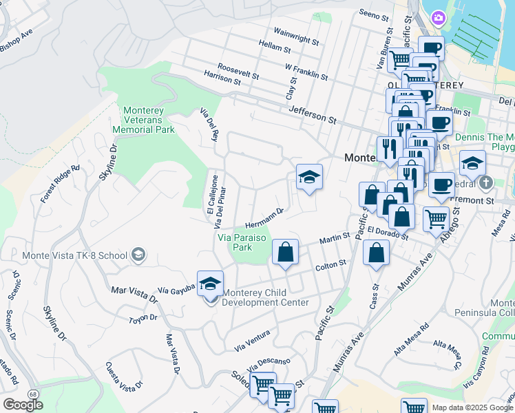 map of restaurants, bars, coffee shops, grocery stores, and more near 51 Vía Chualar in Monterey