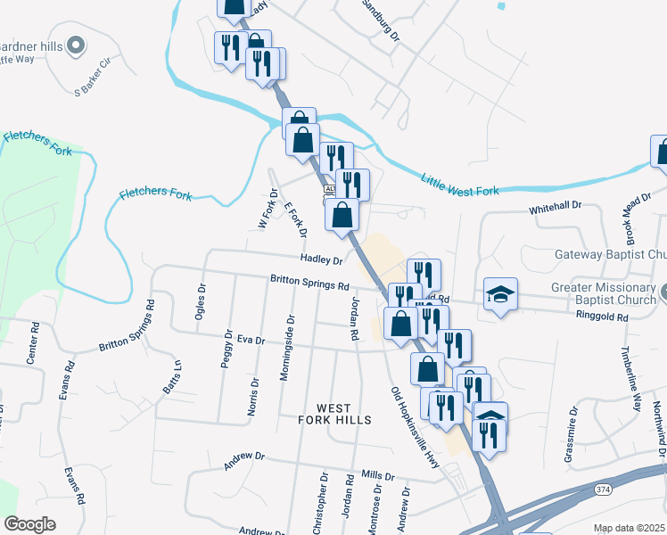 map of restaurants, bars, coffee shops, grocery stores, and more near 112 Hadley Drive in Clarksville