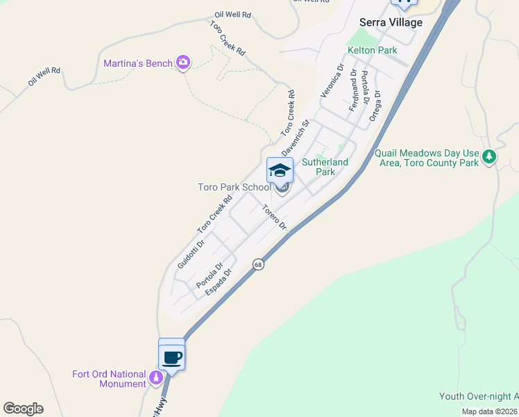 map of restaurants, bars, coffee shops, grocery stores, and more near 22713 Ordonez Drive in Salinas