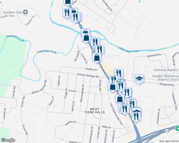 map of restaurants, bars, coffee shops, grocery stores, and more near 121 Hadley Drive in Clarksville