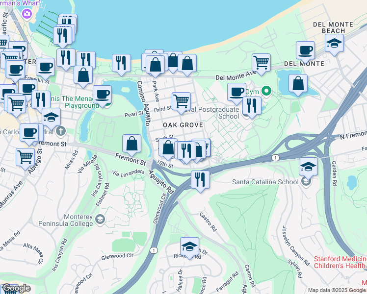 map of restaurants, bars, coffee shops, grocery stores, and more near 1190 Seventh Street in Monterey
