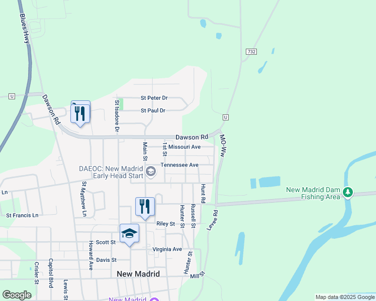 map of restaurants, bars, coffee shops, grocery stores, and more near 217 Missouri Avenue in New Madrid